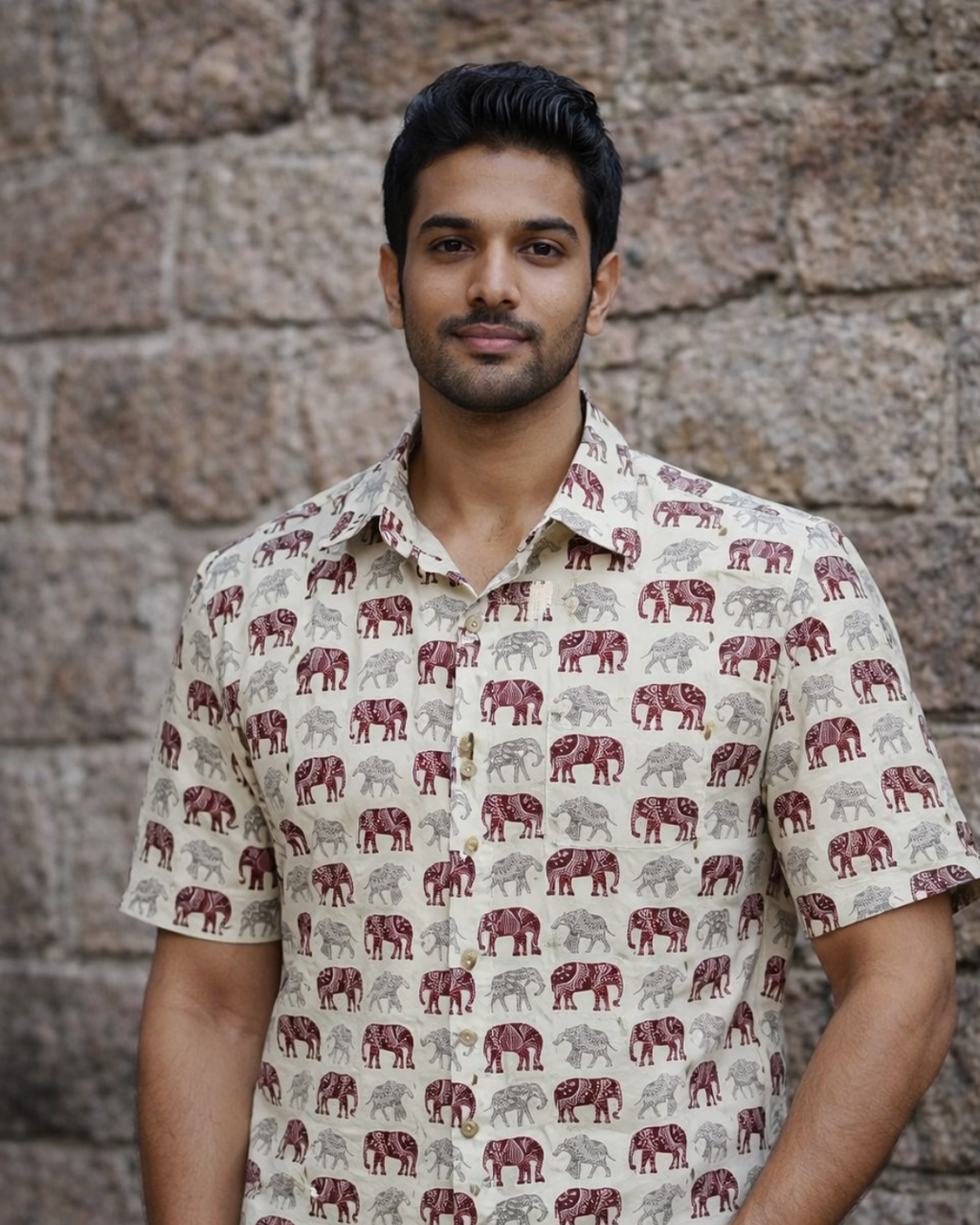 Maroon & Grey Elephant Print Cotton Shirt